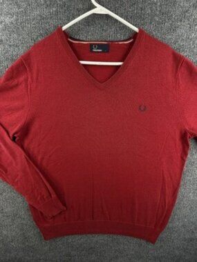 Fred Perry Pullover Logo Sweater V-Neck Long Sleeve Wool Cotton Large Red Solid
